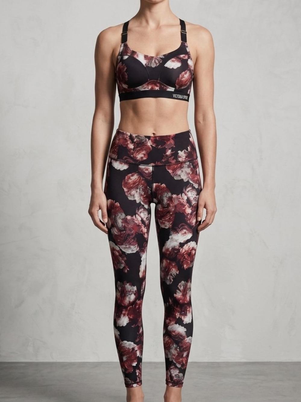 Victoria's Secret Black Sports Bra & Leggings Set with Burgundy Floral